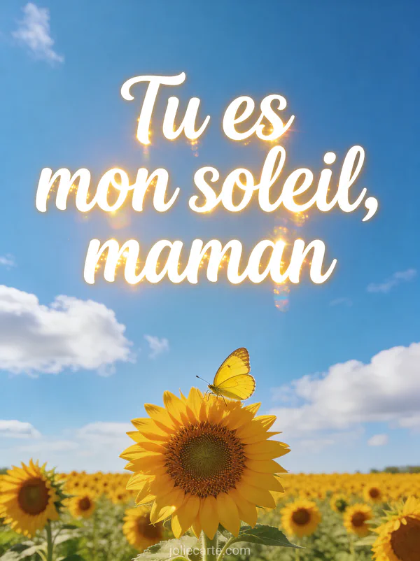 Champ de tournesols en pleine floraison sous ciel bleu avec papillon jaune texte Tu es mon soleil maman