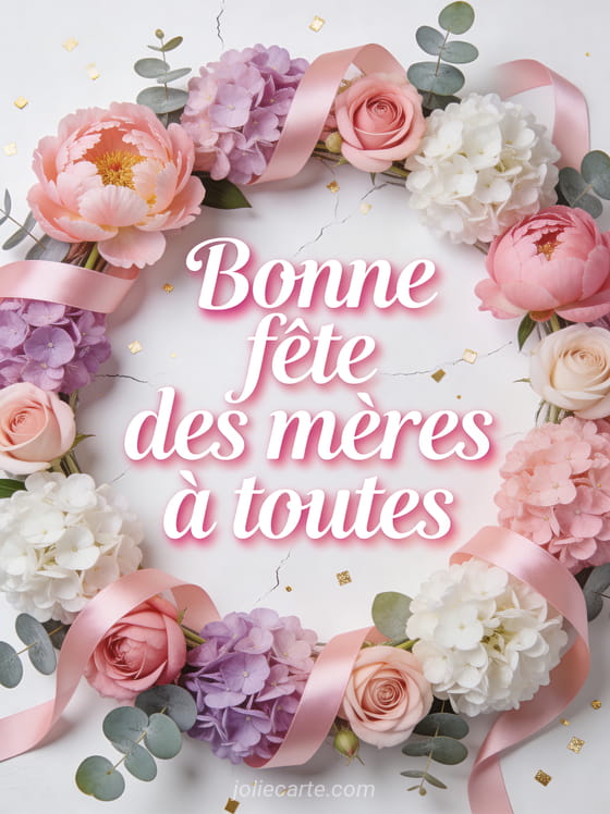 Guirlande florale de pivoines roses hortensias et eucalyptus avec rubans de satin et confettis dorés