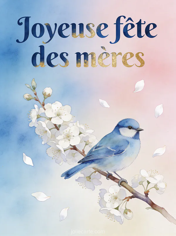 Mésange bleue posée sur branche d'aubépine en fleurs blanches illustration aquarelle naturaliste