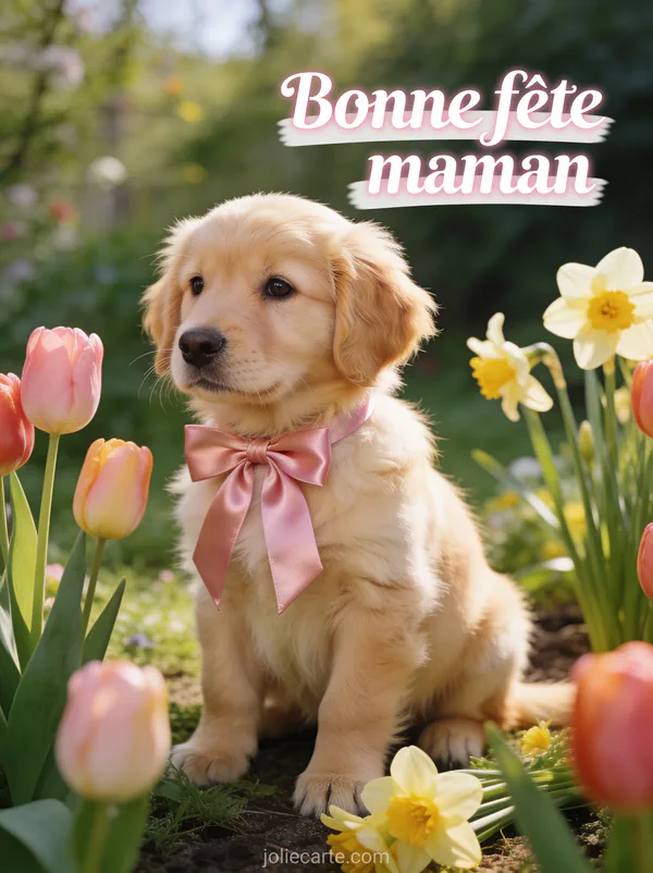 Golden retriever avec nœud satin rose assis dans un jardin de tulipes et narcisses au printemps