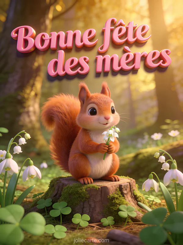 Écureuil roux tenant un brin de muguet sur souche moussue entourée de pâquerettes illustration 3D douce