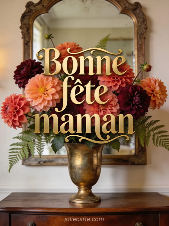 Dahlias corail et bordeaux avec fougères dans un vase en laiton doré sur console en bois avec miroir ancien