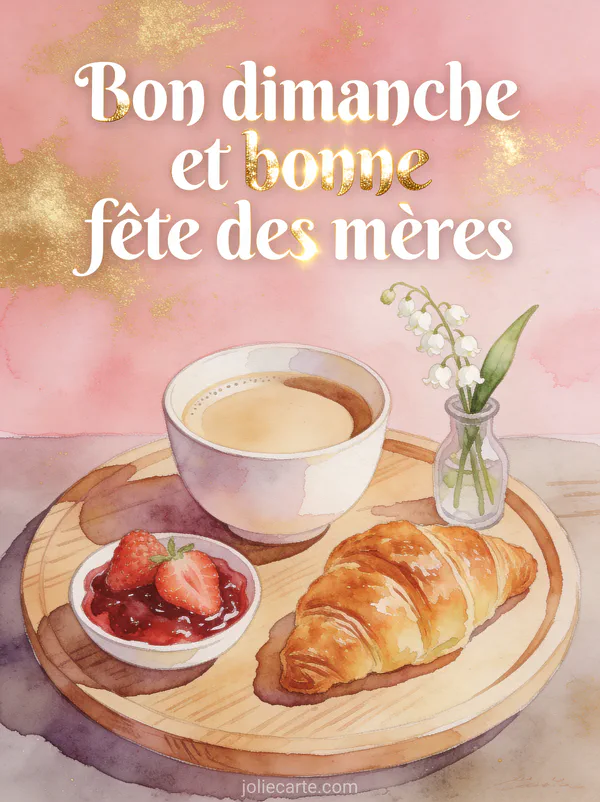 Plateau petit-déjeuner aquarelle avec café croissant confiture et brin de muguet fête des mères