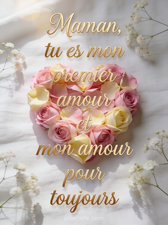 Cœur formé de pétales de roses rose poudré et crème sur lin blanc avec gypsophile texte d'amour maman