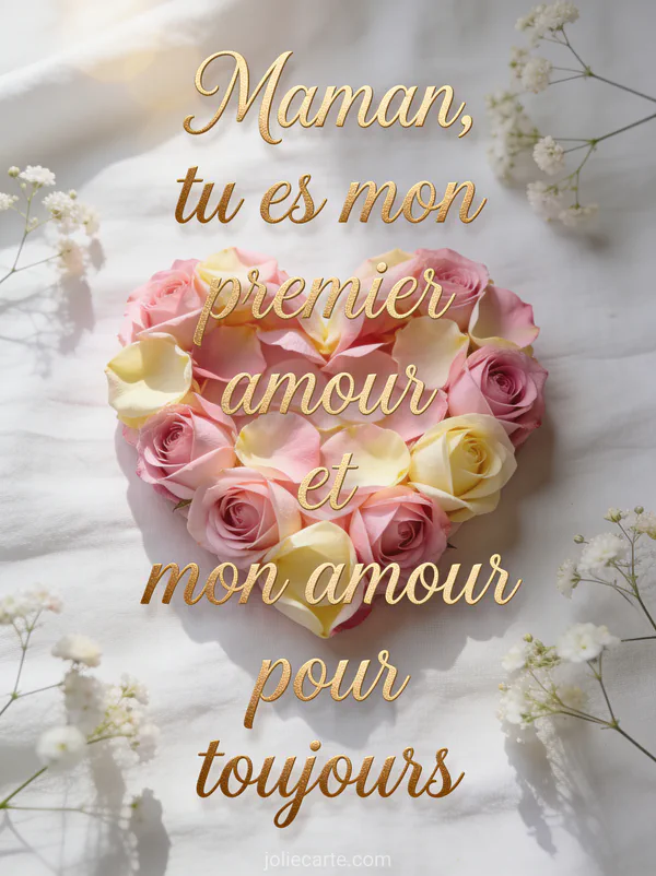 Cœur formé de pétales de roses rose poudré et crème sur lin blanc avec gypsophile texte d'amour maman