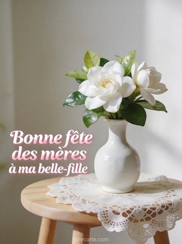 Gardénias blancs dans un petit vase en porcelaine sur guéridon en bois avec napperon en dentelle