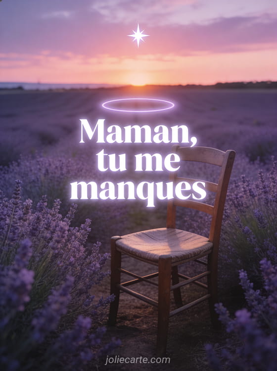 Paysage crépusculaire avec ciel mauve une étoile brillante champ de lavande et chaise vide face au coucher de soleil