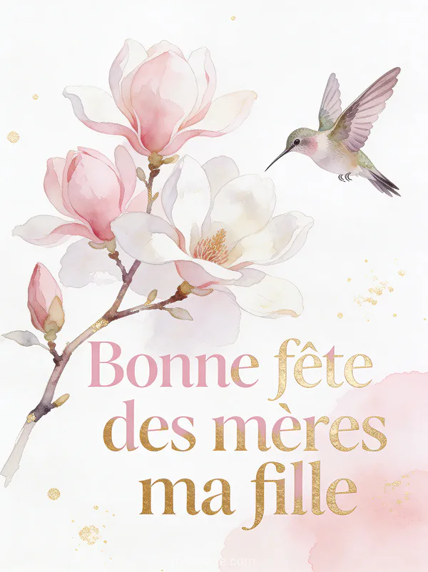 Branche de magnolia en fleurs avec colibri illustration aquarelle épurée rose et dorée fête des mères