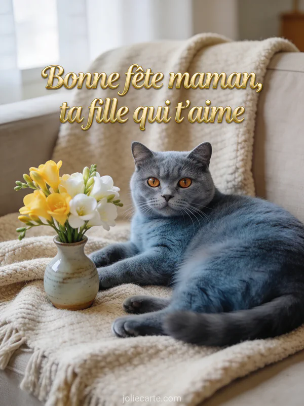 Chat british shorthair gris bleu sur plaid cachemire beige avec freesias jaunes et blancs dans un vase