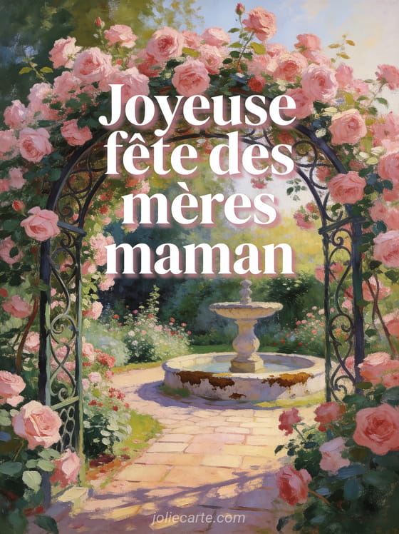 Jardin de roses anciennes avec tonnelle en fer forgé allée pavée et fontaine style peinture impressionniste