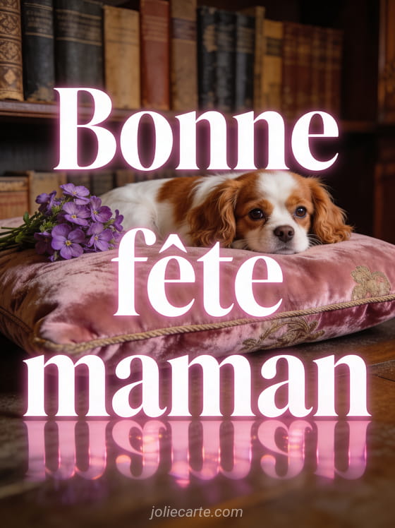 Cavalier king charles roux et blanc sur coussin velours rose avec violettes et bibliothèque ancienne
