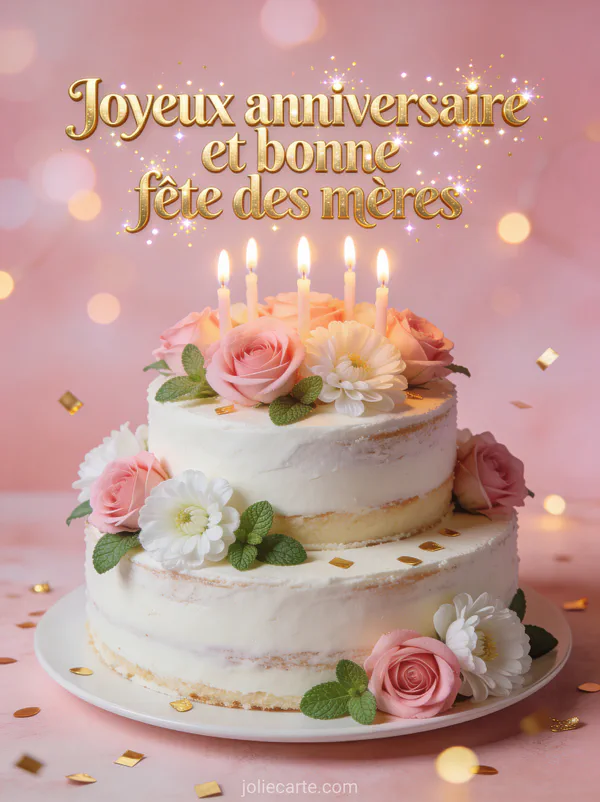 Gâteau à deux étages décoré de roses fraîches renoncules et bougies avec confettis dorés fond rose