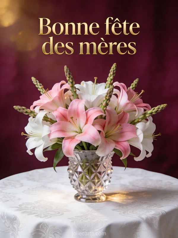 Lys orientaux roses et blancs dans un vase en cristal taillé sur nappe damassée fond bordeaux et lumière dorée