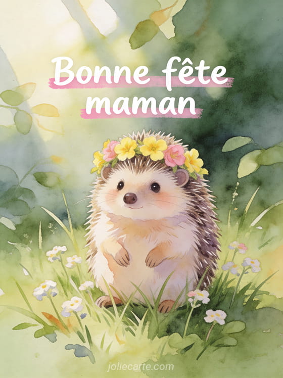 Hérisson portant une couronne de primevères jaunes et roses assis dans l'herbe avec pâquerettes aquarelle