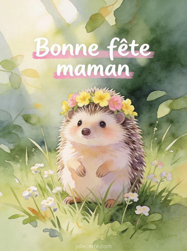 Hérisson portant une couronne de primevères jaunes et roses assis dans l'herbe avec pâquerettes aquarelle