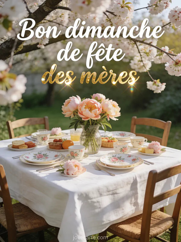 Table de brunch en plein air sous cerisier en fleurs avec vaisselle porcelaine et pivoines lumière matinale
