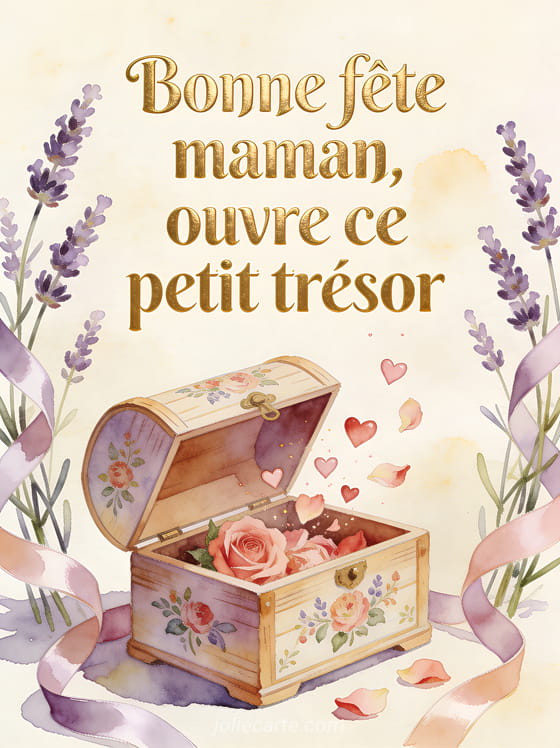 Boîte en bois peint avec motifs floraux entrouverte laissant échapper cœurs et pétales lavande et rubans