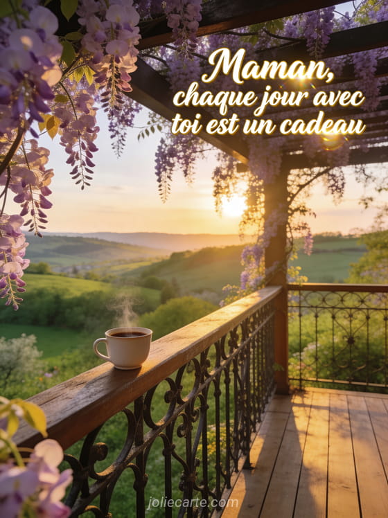 Lever de soleil depuis terrasse en bois avec glycine en cascade tasse de café et vue sur vallée verdoyante
