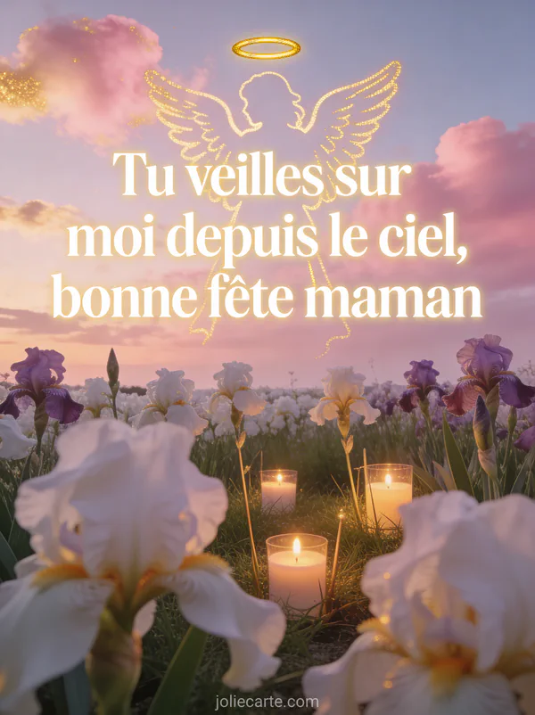 Ciel crépusculaire doré et rose avec silhouette d'ange champ d'iris blancs et mauves bougies votives