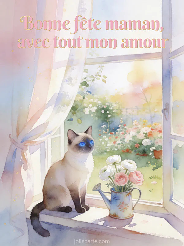 Chat siamois aux yeux bleus sur rebord de fenêtre avec renoncules dans arrosoir émail aquarelle douce