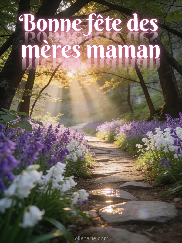 Chemin forestier printanier bordé de jacinthes des bois violettes avec rayons de soleil à travers les arbres