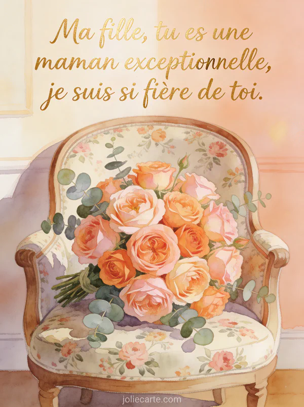 Bouquet de roses David Austin pêche et abricot avec eucalyptus sur fauteuil bergère fleuri vintage