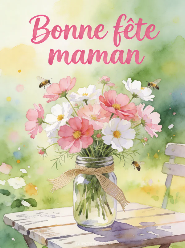 Bouquet de cosmos roses et blancs dans un mason jar avec ruban de jute et abeilles aquarelle champêtre