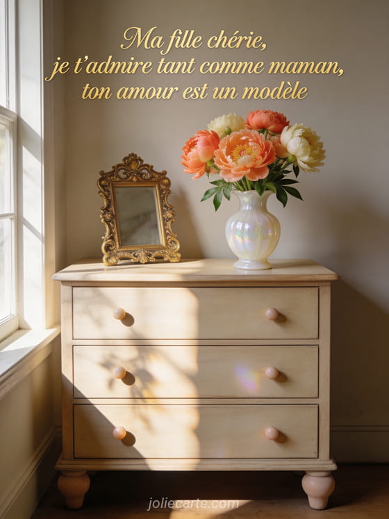 Pivoines corail et crème dans vase en opaline blanche sur commode ancienne avec cadre doré vintage