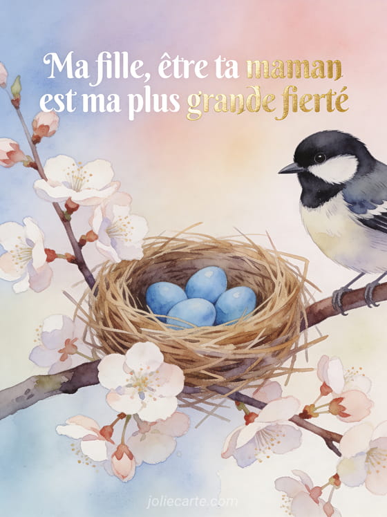 Nid d'oiseau avec œufs bleus sur branche de cerisier en fleurs et mésange charbonnière aquarelle