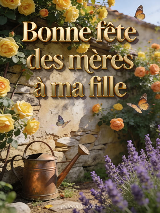 Mur en pierre avec rosiers grimpants jaunes arrosoir en cuivre papillons et lavande style provençal