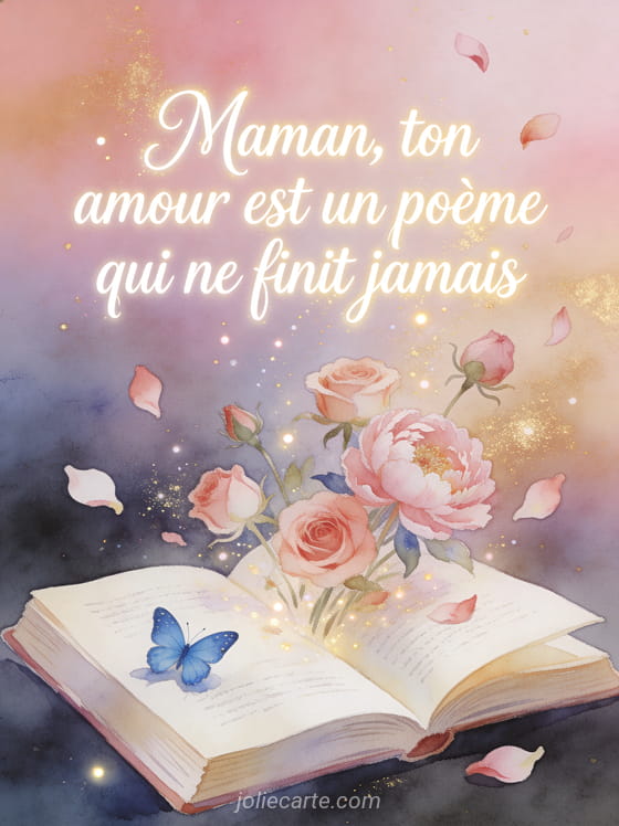 Livre ouvert avec roses pivoines et pétales qui s'envolent papillon bleu posé sur page aquarelle féerique