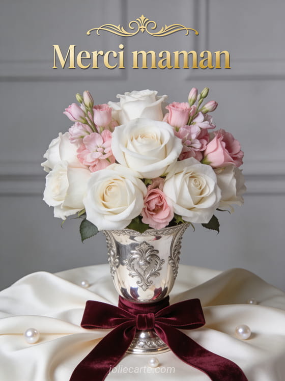 Roses blanches et lisianthus roses dans un vase en argent ciselé sur nappe en soie avec ruban velours