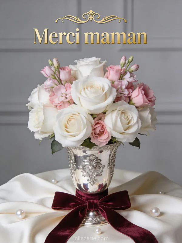 Roses blanches et lisianthus roses dans un vase en argent ciselé sur nappe en soie avec ruban velours