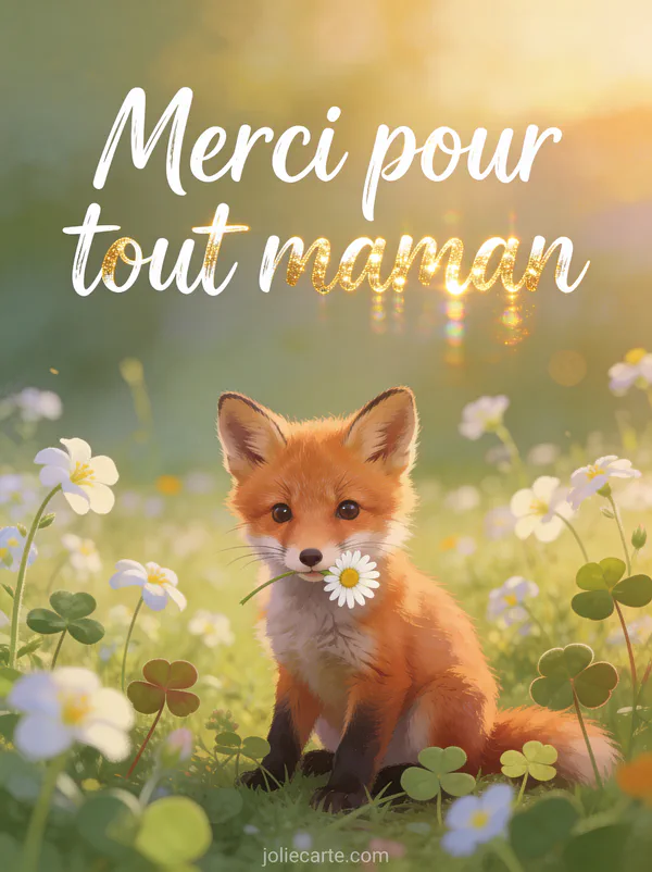 Petit renard roux tenant une marguerite dans un pré fleuri de pâquerettes et trèfles lumière dorée
