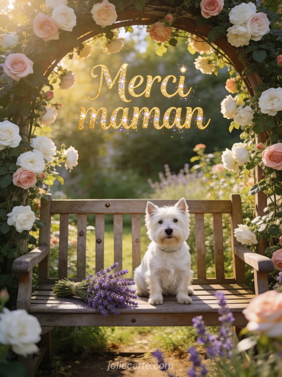 Westie blanc assis sur banc en bois sous arc de roses anciennes avec bouquet de lavande lumière dorée