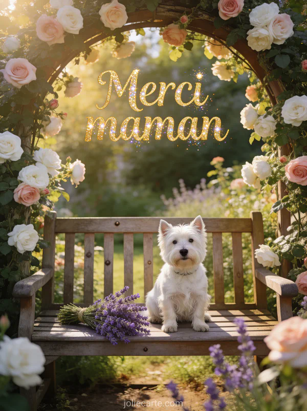 Westie blanc assis sur banc en bois sous arc de roses anciennes avec bouquet de lavande lumière dorée