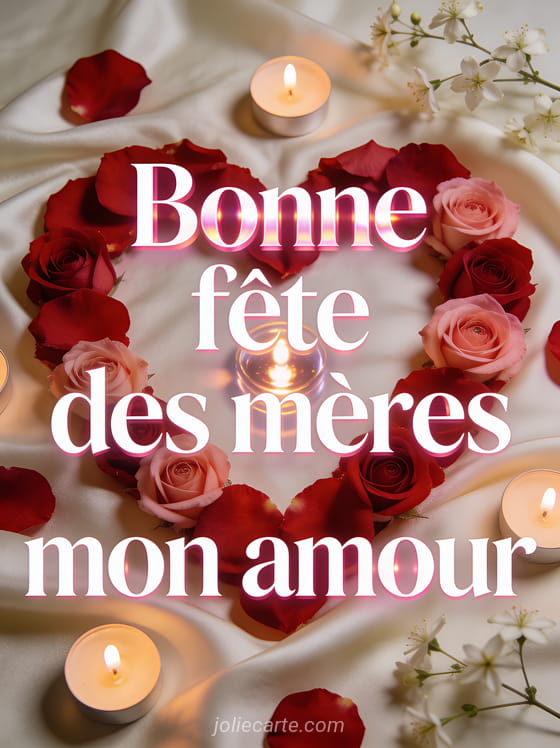 Cœur formé de pétales de roses rouges et roses sur soie ivoire avec bougies parfumées et jasmin