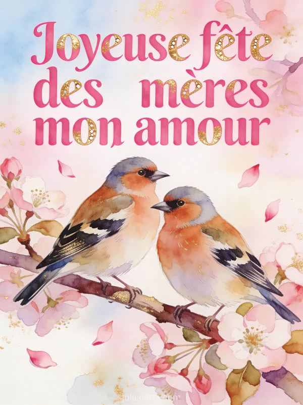 Couple de chardonnerets sur branche de pommier en fleurs roses pétales qui tombent aquarelle lumineuse