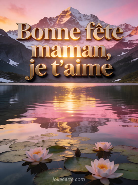 Coucher de soleil rose et doré sur lac de montagne avec nénuphars montagnes enneigées en arrière-plan