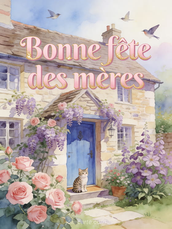 Cottage anglais en pierre porte bleue entouré de roses et clématites chat tigré sur le pas de la porte aquarelle