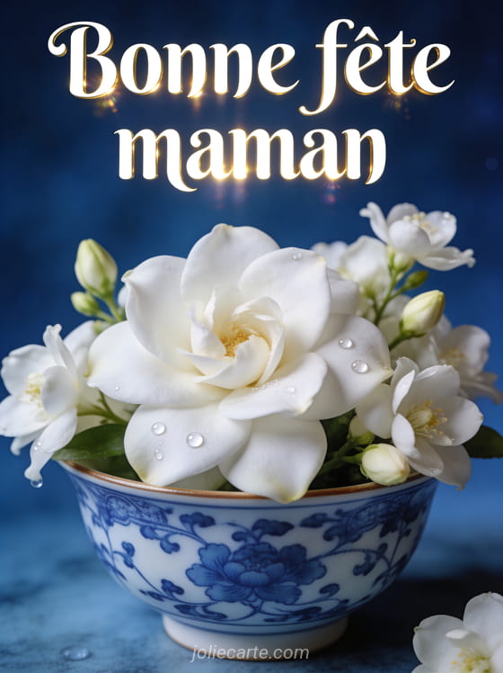 Gardénias et jasmin blanc dans bol porcelaine bleu et blanc chinoiserie rosée sur pétales fond bleu nuit