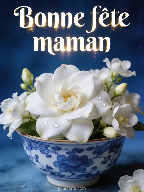 Gardénias et jasmin blanc dans bol porcelaine bleu et blanc chinoiserie rosée sur pétales fond bleu nuit