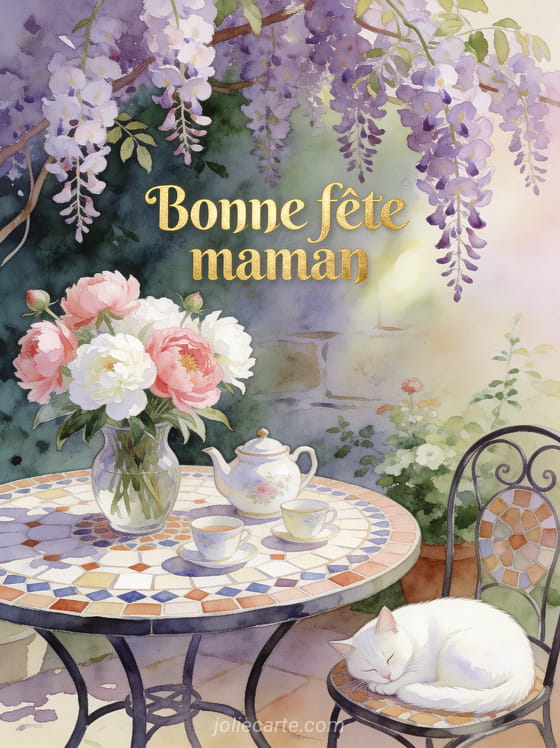 Table mosaïque au jardin avec pivoines théière chat blanc endormi et glycine en cascade aquarelle