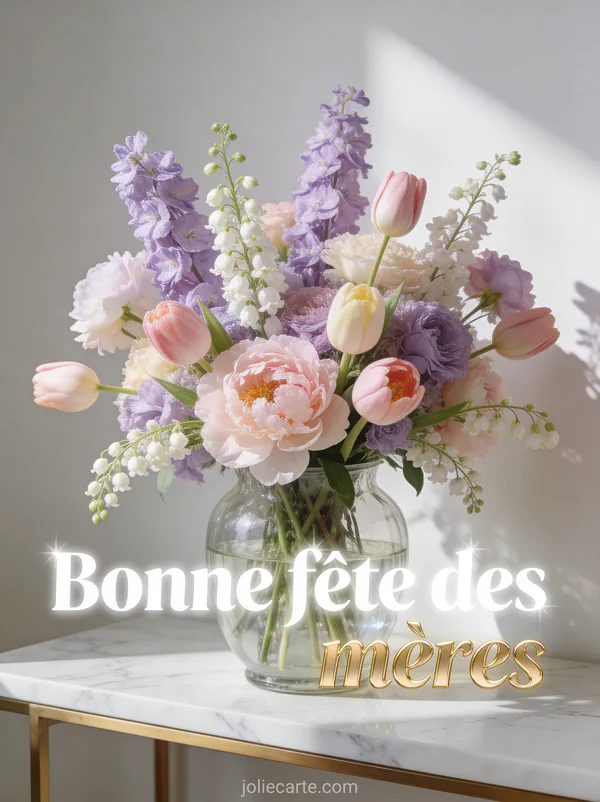 Bouquet pastel de lilas pivoines tulipes et muguet dans vase en verre sur console marbre blanc