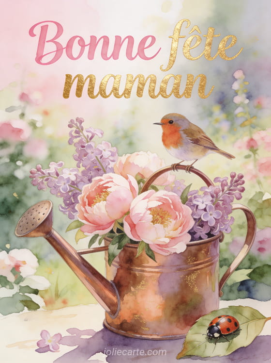 Rouge-gorge posé sur arrosoir en cuivre rempli de pivoines et lilas coccinelle sur feuille jardin printanier