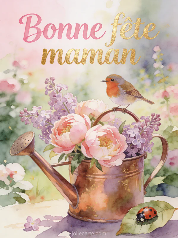 Rouge-gorge posé sur arrosoir en cuivre rempli de pivoines et lilas coccinelle sur feuille jardin printanier