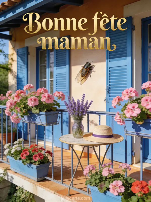 Véranda provençale volets bleus jardinières de géraniums roses table ronde avec lavande et chapeau de soleil