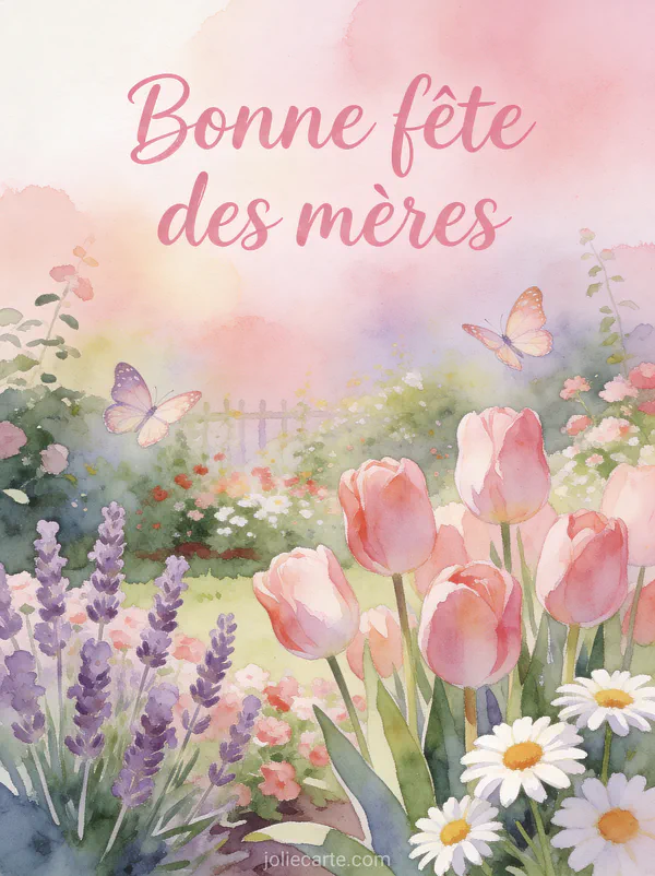 Illustration aquarelle d'un jardin printanier avec tulipes lavande et marguerites et papillons avec le texte Bonne fête des mères