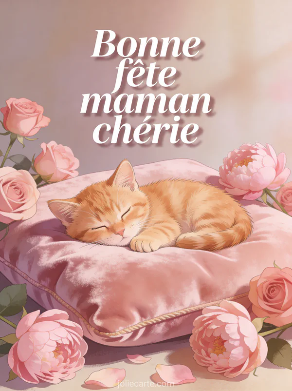 Chaton roux endormi sur un coussin de velours rose entouré de roses et pivoines avec le texte Bonne fête maman chérie
