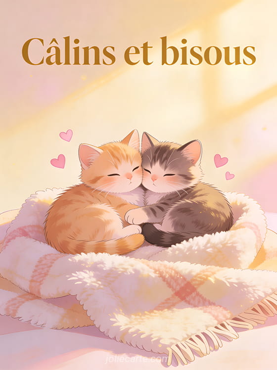 Deux adorables chatons blottis sur un plaid moelleux avec le texte Câlins et bisous et des petits cœurs roses